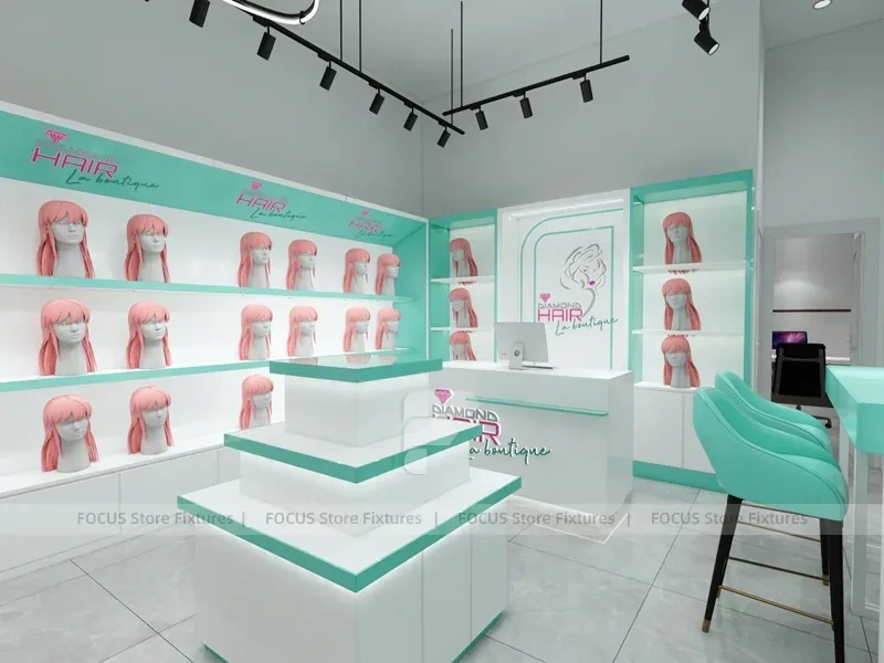 Mint Green Salon Checkout Counter with Illuminated Wall Cabinets for Wig Beauty Store