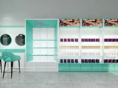 Mint Green Salon Checkout Counter with Illuminated Wall Cabinets for Wig Beauty Store