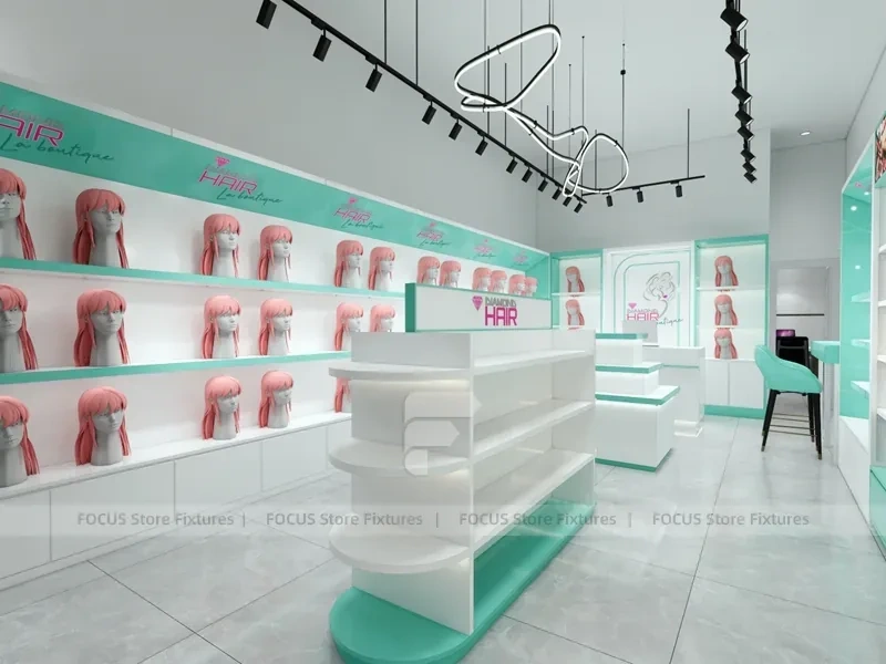 Mint Green Salon Checkout Counter with Illuminated Wall Cabinets for Wig Beauty Store