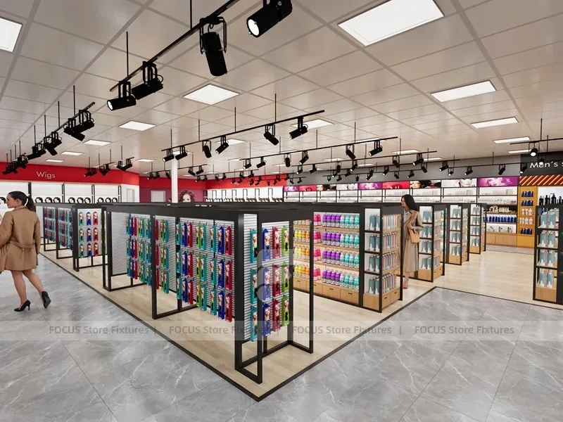 Open Beauty Supply Retail Floor with Black Metal Display Aisles for Wig Shop