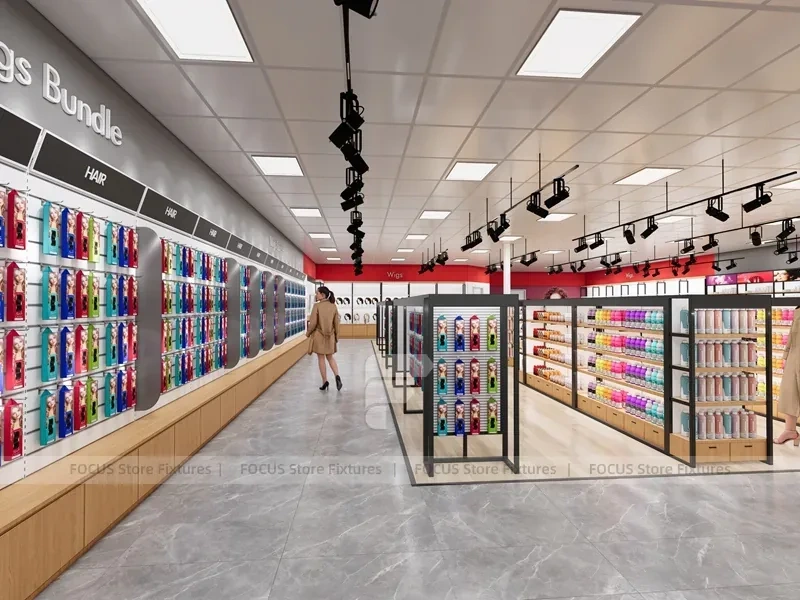 Open Beauty Supply Retail Floor with Black Metal Display Aisles for Wig Shop