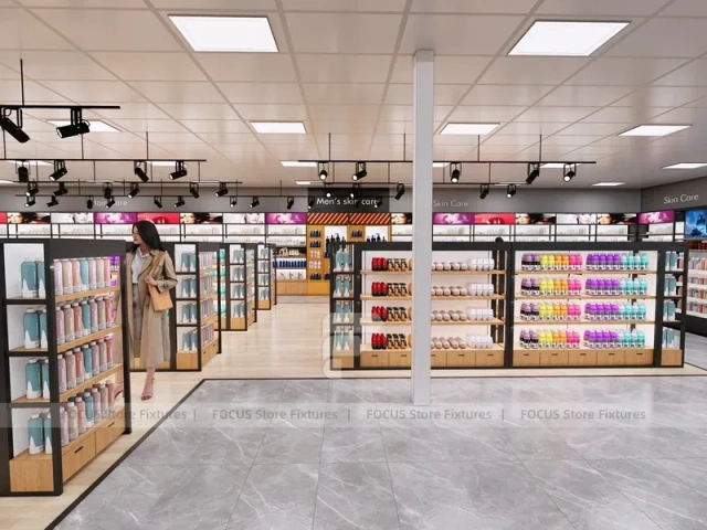 Open Beauty Supply Retail Floor with Black Metal Display Aisles for Wig Shop