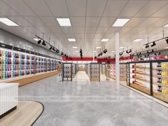 Open Beauty Supply Retail Floor with Black Metal Display Aisles for Wig Shop