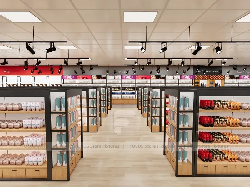 Open Beauty Supply Retail Floor with Black Metal Display Aisles for Wig Shop