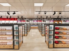 Open Beauty Supply Retail Floor with Black Metal Display Aisles for Wig Shop