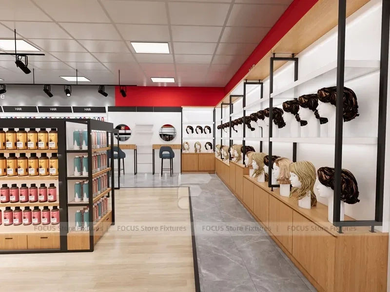Open Beauty Supply Retail Floor with Black Metal Display Aisles for Wig Shop