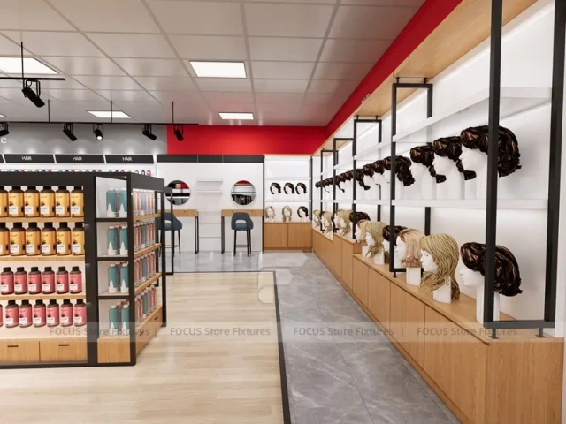Open Beauty Supply Retail Floor with Black Metal Display Aisles for Wig Shop