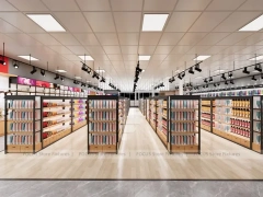 Open Beauty Supply Retail Floor with Black Metal Display Aisles for Wig Shop
