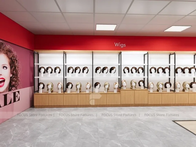 Open Beauty Supply Retail Floor with Black Metal Display Aisles for Wig Shop