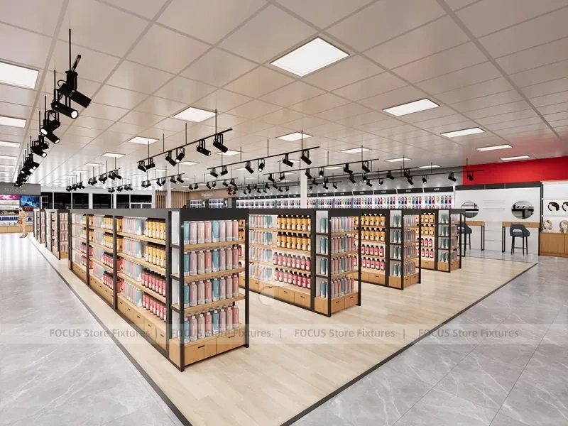 Open Beauty Supply Retail Floor with Black Metal Display Aisles for Wig Shop
