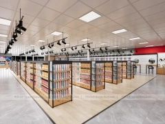 Open Beauty Supply Retail Floor with Black Metal Display Aisles for Wig Shop