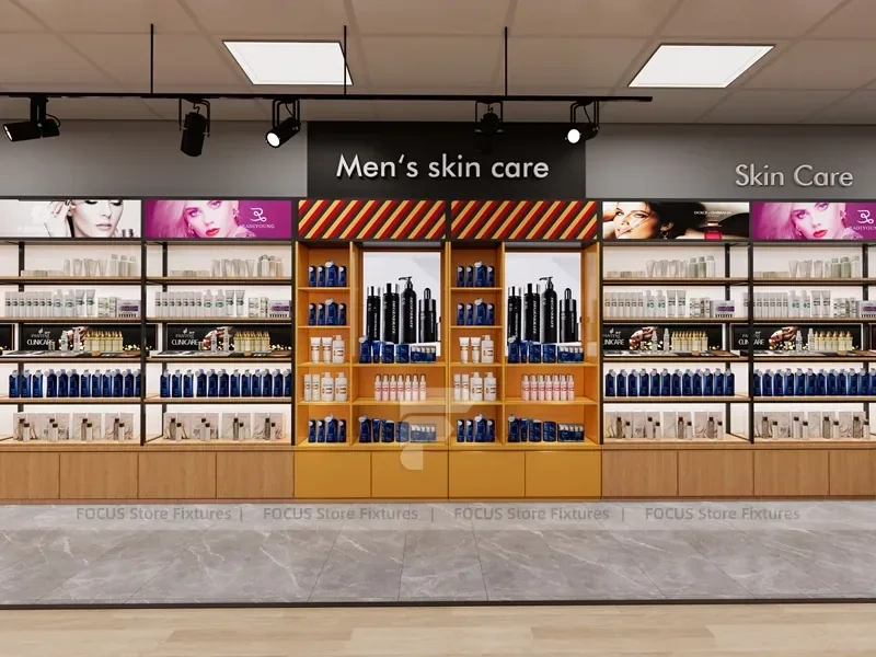 Open Beauty Supply Retail Floor with Black Metal Display Aisles for Wig Shop