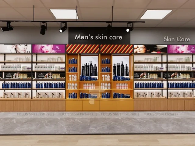 Open Beauty Supply Retail Floor with Black Metal Display Aisles for Wig Shop