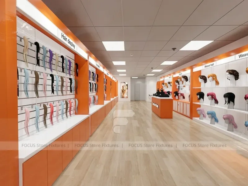 Orange and White Salon Reception Counter with Side Displays for Wig Beauty Store
