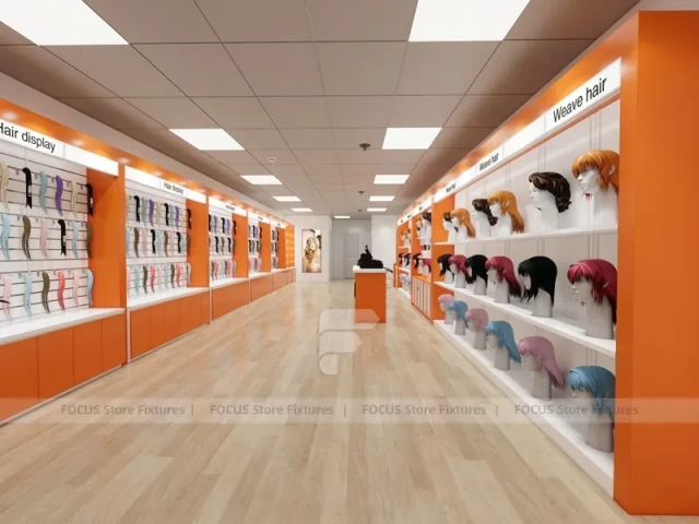 Orange and White Salon Reception Counter with Side Displays for Wig Beauty Store