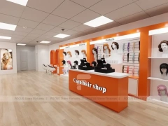 Orange and White Salon Reception Counter with Side Displays for Wig Beauty Store