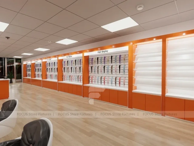Orange and White Salon Reception Counter with Side Displays for Wig Beauty Store