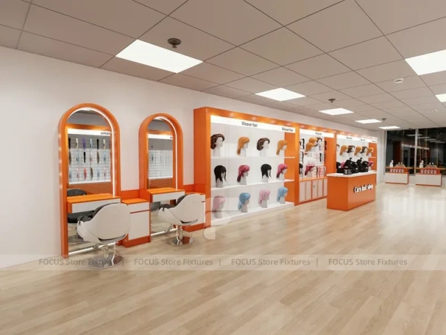 Orange and White Salon Reception Counter with Side Displays for Wig Beauty Store