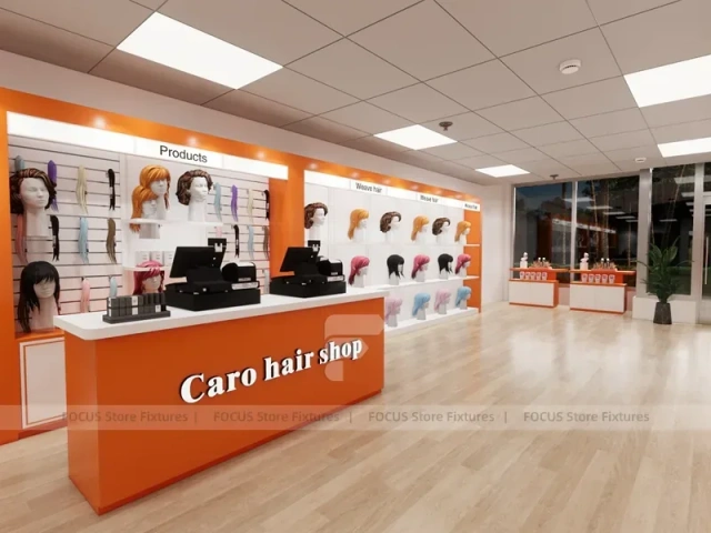 Orange and White Salon Reception Counter with Side Displays for Wig Beauty Store