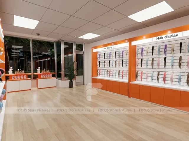 Orange and White Salon Reception Counter with Side Displays for Wig Beauty Store