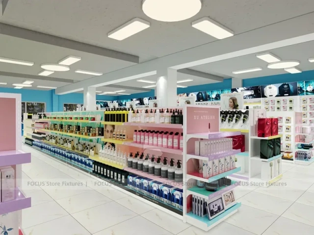 Pastel Beauty Supply Gondola Aisle and Perimeter Shelving Layout for Wig Shop