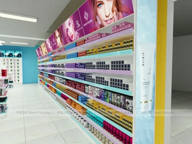 Pastel Beauty Supply Gondola Aisle and Perimeter Shelving Layout for Wig Shop