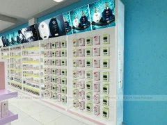Pastel Beauty Supply Gondola Aisle and Perimeter Shelving Layout for Wig Shop