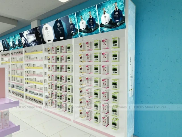 Pastel Beauty Supply Gondola Aisle and Perimeter Shelving Layout for Wig Shop
