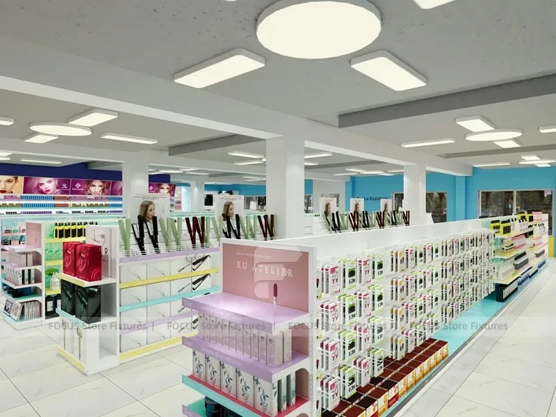 Pastel Beauty Supply Gondola Aisle and Perimeter Shelving Layout for Wig Shop