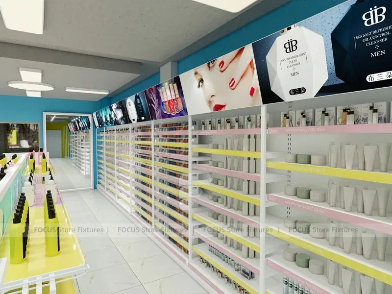 Pastel Beauty Supply Gondola Aisle and Perimeter Shelving Layout for Wig Shop