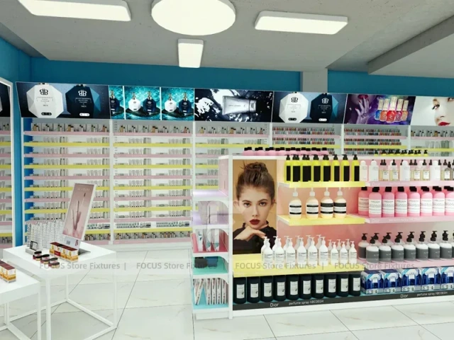 Pastel Beauty Supply Gondola Aisle and Perimeter Shelving Layout for Wig Shop