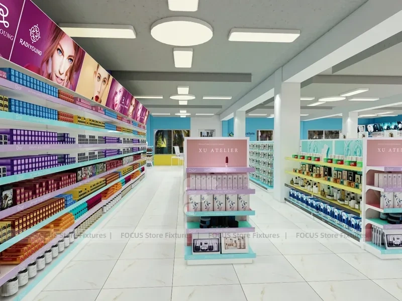 Pastel Beauty Supply Gondola Aisle and Perimeter Shelving Layout for Wig Shop