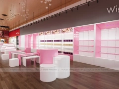 Pink Beauty Salon Retail Shelving with Gold Arch Wall Display for Wig Beauty Store
