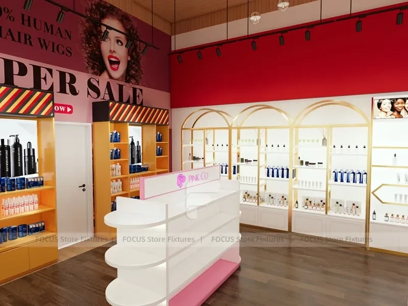 Pink Beauty Salon Retail Shelving with Gold Arch Wall Display for Wig Beauty Store