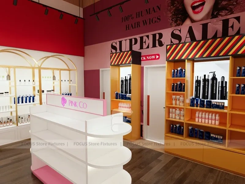 Pink Beauty Salon Retail Shelving with Gold Arch Wall Display for Wig Beauty Store