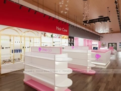 Pink Beauty Salon Retail Shelving with Gold Arch Wall Display for Wig Beauty Store