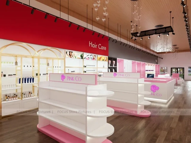 Pink Beauty Salon Retail Shelving with Gold Arch Wall Display for Wig Beauty Store