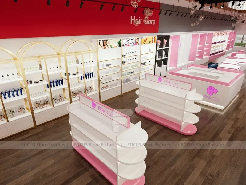 Pink Beauty Salon Retail Shelving with Gold Arch Wall Display for Wig Beauty Store