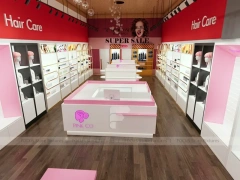 Pink Beauty Salon Retail Shelving with Gold Arch Wall Display for Wig Beauty Store