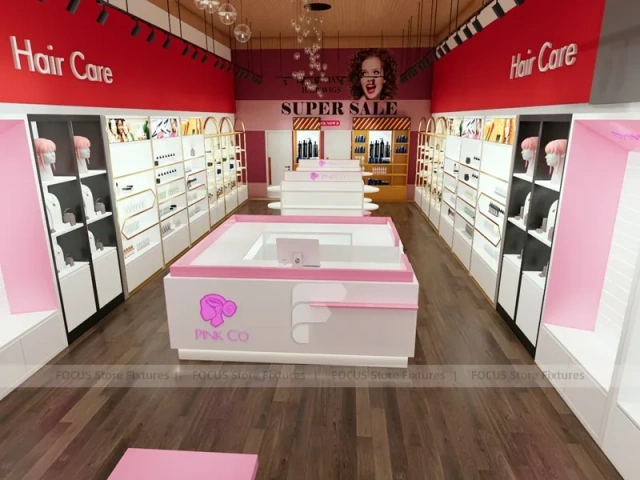 Pink Beauty Salon Retail Shelving with Gold Arch Wall Display for Wig Beauty Store