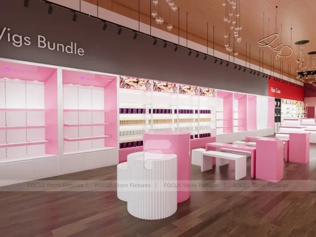 Pink Beauty Salon Retail Shelving with Gold Arch Wall Display for Wig Beauty Store