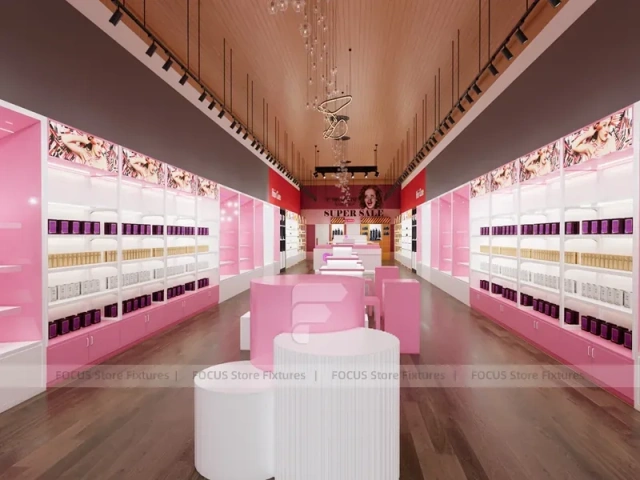 Pink Beauty Salon Retail Shelving with Gold Arch Wall Display for Wig Beauty Store