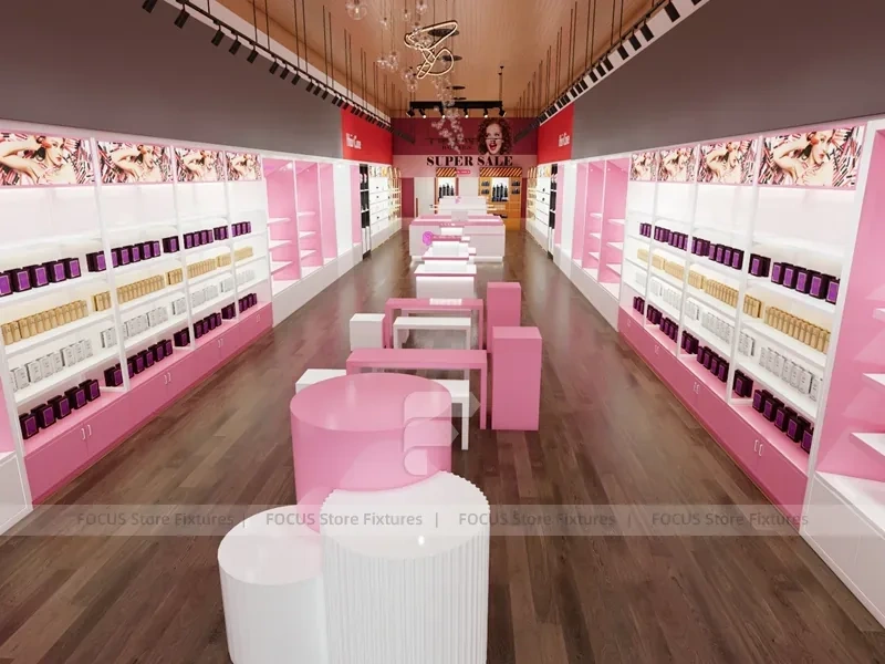 Pink Beauty Salon Retail Shelving with Gold Arch Wall Display for Wig Beauty Store