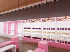 Pink Beauty Salon Retail Shelving with Gold Arch Wall Display for Wig Beauty Store