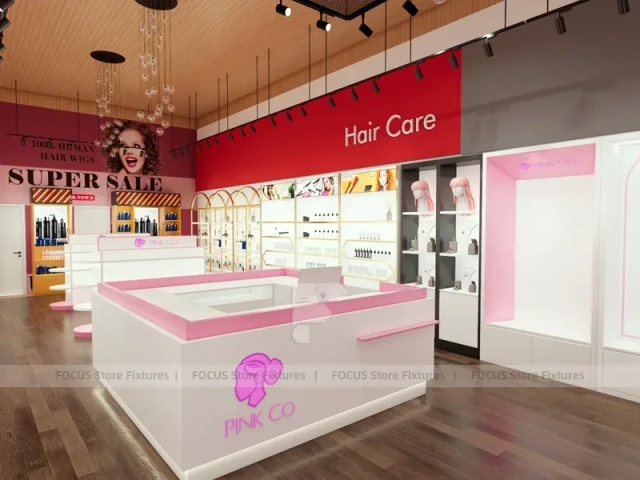 Pink Beauty Salon Retail Shelving with Gold Arch Wall Display for Wig Beauty Store