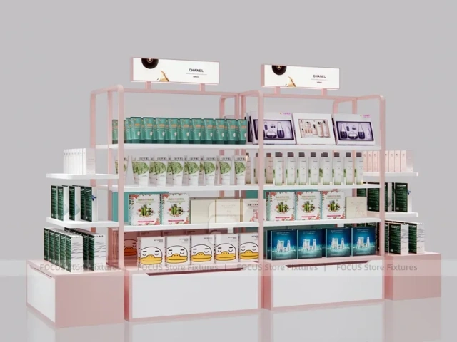 Pink Cosmetics Wall Shelving Display with Side Accessories for Wig Shop