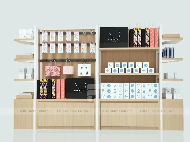 Pink Cosmetics Wall Shelving Display with Side Accessories for Wig Shop