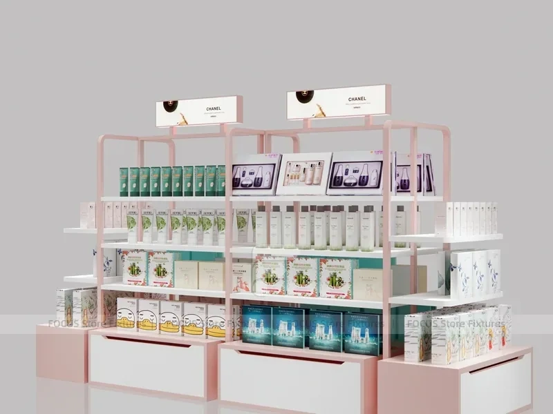 Pink Cosmetics Wall Shelving Display with Side Accessories for Wig Shop