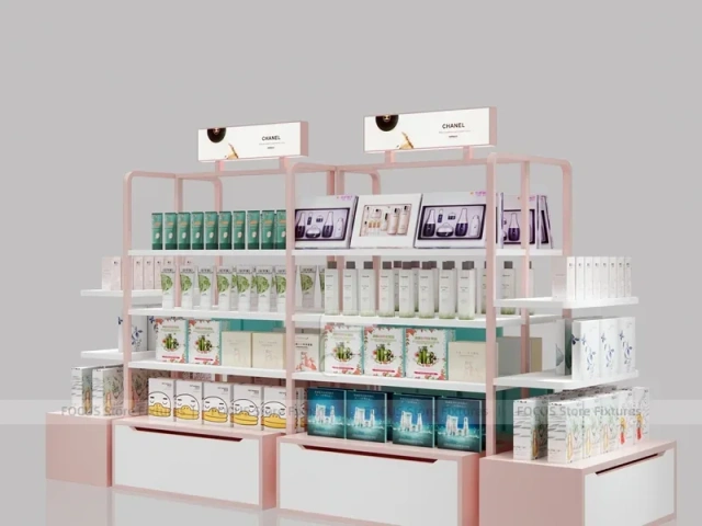 Pink Cosmetics Wall Shelving Display with Side Accessories for Wig Shop