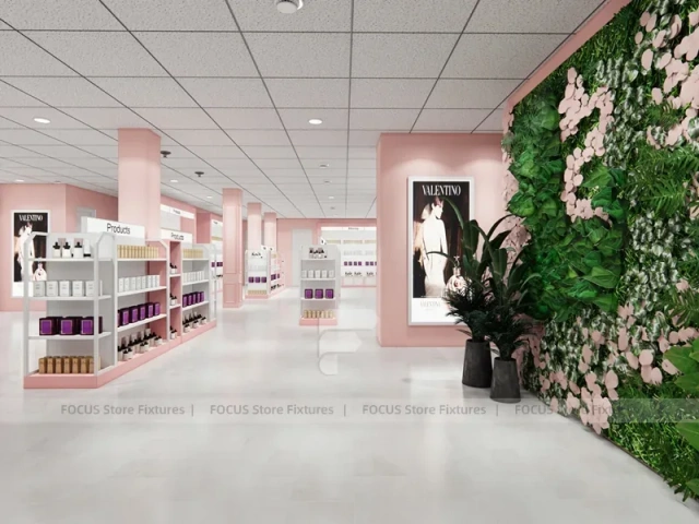 Pink Hair Extension Slatwall Boutique Store Layout for Beauty Store